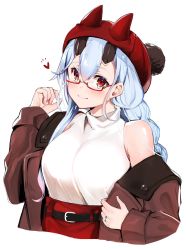 Rule 34 | 1girl, alternate costume, bare shoulders, belt, bespectacled, black belt, blush, braid, breasts, brown coat, casual, coat, commentary request, contemporary, fate/grand order, fate (series), felnemo, glasses, heart, highres, large breasts, long hair, looking at viewer, red-framed eyewear, red eyes, red skirt, semi-rimless eyewear, silver hair, simple background, single sidelock, skirt, sleeveless, sleeveless sweater, smile, solo, sweater, tomoe gozen (fate), turtleneck, turtleneck sweater, under-rim eyewear, undressing, white background, white sweater