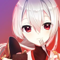 Rule 34 | 1girl, abe suke, black shirt, blush, closed mouth, commentary request, fate/grand order, fate (series), fork, hair between eyes, head tilt, highres, holding, holding fork, long hair, looking at viewer, portrait, red background, red eyes, shirt, sidelocks, silver hair, simple background, smile, solo, tomoe gozen (fate), turtleneck