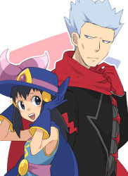 Rule 34 | 1boy, 1girl, :d, black hair, black jacket, blue cape, blue gloves, blue headwear, blush, bow, cape, commentary request, creatures (company), cyrus (pokemon), cyrus (sygna suit) (pokemon), dawn (pokemon), dawn (sygna suit) (pokemon), eyelashes, game freak, gloves, grey eyes, hair ornament, hairclip, hands up, happy, hat, hat bow, jacket, kono2noko, long hair, long sleeves, nintendo, official alternate costume, open mouth, outline, pokemon, pokemon masters ex, red gloves, red scarf, scarf, short hair, smile, teeth, tongue, upper teeth only