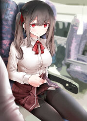 Rule 34 | 1girl, black hair, black pantyhose, blush, breasts, bus interior, clothes lift, commentary request, highres, lifting own clothes, long hair, looking at viewer, medium breasts, oouso, original, panties, panties under pantyhose, pantyhose, pleated skirt, red eyes, school uniform, sitting, skirt, skirt lift, smile, solo focus, thighband pantyhose, twintails, underwear