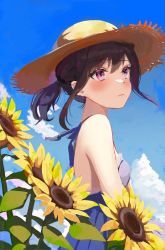 Rule 34 | 1girl, absurdres, artist name, bare shoulders, blue skirt, blue sky, blush, breasts, camisole, closed mouth, cloud, commentary, dress, english commentary, flower, hat, highres, looking away, one side up, original, outdoors, procreate (medium), profile, purple eyes, samura eva, short hair, sidelocks, skirt, sky, sleeveless, sleeveless dress, small breasts, solo, standing, straw hat, sunflower, upper body