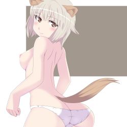 Rule 34 | 1girl, animal ears, ass, blush, breasts, brown eyes, butt crack, huberta von bonin, katuhata, nipples, panties, short hair, silver hair, smile, solo, strike witches, tail, topless, underwear, white panties, world witches series