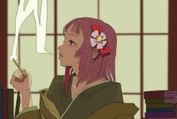 Rule 34 | 1girl, 3735geriragouki, blowing smoke, blush, book, bow, cigarette, commentary request, flower, green kimono, green nails, hair flower, hair ornament, hand up, hieda no akyuu, highres, holding, holding cigarette, indoors, japanese clothes, kimono, layered clothes, layered kimono, light purple hair, lips, looking up, mixed-language commentary, multicolored hair, nail polish, off shoulder, parted lips, pile of books, pink hair, profile, red bow, short hair, smoke, smoking, solo, touhou, two-tone hair, upper body, window, yellow kimono
