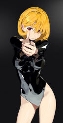 Rule 34 | 1girl, aiming, aiming at viewer, ass, black background, black leotard, blonde hair, breasts, closed mouth, contrapposto, covered navel, cowboy shot, female focus, finger gun, gradient background, highres, latex, latex leotard, leotard, long sleeves, looking at viewer, medium breasts, orange eyes, original, sekoshi (some1else45), shiny clothes, short hair, solo, some1else45