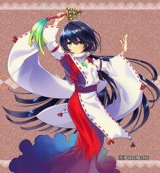 Rule 34 | 1girl, black hair, character request, dress, fuji minako, green eyes, japanese clothes, jewelry, long hair, long sleeves, necklace, red dress, smile, solo, unmei no clan battle