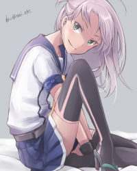 Rule 34 | 10s, 1girl, belt, between legs, black gloves, blue bow, blue skirt, blush, bow, closed mouth, from side, gloves, green eyes, grey background, hand between legs, kantai collection, kinugasa (kancolle), kinugasa kai ni (kancolle), knee up, leaning forward, long hair, looking at viewer, looking to the side, nei (etc), pink hair, pleated skirt, ribbon, sandals, school uniform, serafuku, shirt, short sleeves, simple background, sitting, skirt, smile, solo, thighhighs, twitter username, white shirt, zettai ryouiki