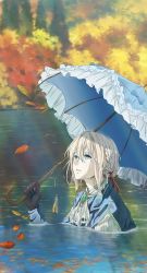 Rule 34 | 1girl, absurdres, blonde hair, blue eyes, blue jacket, blue umbrella, braid, brooch, brown gloves, chinese commentary, commentary request, day, dress, from side, gloves, hair between eyes, hair intakes, hair ribbon, highres, holding, holding umbrella, in water, jacket, jewelry, leaf, light, long hair, long sleeves, looking up, neckerchief, outdoors, parted lips, puffy long sleeves, puffy sleeves, red ribbon, ribbon, saoirse, smile, solo, sunlight, umbrella, upper body, violet evergarden, violet evergarden (series), water, wet, wet clothes, wet hair, white neckerchief