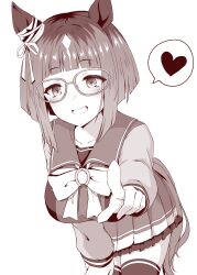 Rule 34 | 1girl, absurdres, animal ears, blush, bow, bowtie, breasts, commentary request, ear ornament, glasses, grin, heart, highres, horse ears, horse girl, horse tail, large breasts, leaning forward, long sleeves, looking at viewer, monochrome, pointing, pointing at viewer, reaching, reaching towards viewer, ryochapu, sailor collar, school uniform, shirt, short hair, skirt, smile, solo, spoken heart, standing, tail, thighhighs, tracen school uniform, transcend (umamusume), umamusume