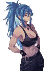 Rule 34 | 1girl, abs, bare shoulders, belt, black pants, black tank top, blue eyes, blue hair, breasts, cleavage, dog tags, fingerless gloves, gloves, hands on own hips, highres, large breasts, leona heidern, long hair, medium breasts, midriff, muscular, muscular female, navel, pants, ponytail, rasetsu001, sleeveless, soldier, solo, tank top, the king of fighters, toned