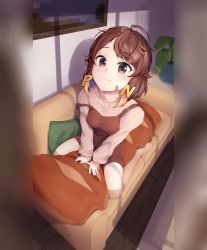 Rule 34 | 1girl, :3, ahoge, bandaid, bandaid on cheek, bandaid on face, between breasts, blonde hair, bread hair ornament, breasts, brown eyes, brown hair, brown overalls, colored tips, couch, full body, grey sweater, grey thighhighs, hair ornament, hairclip, highres, indie virtual youtuber, letter hair ornament, long sleeves, looking at viewer, multicolored hair, no shoes, on couch, on pillow, overall shorts, overalls, p-san (sansin), painting (object), pan (vtuber), pillow, plant, potted plant, ribbed legwear, ribbed sweater, short hair, sitting, solo, strap slip, sweater, thighhighs, thighs, turtleneck, turtleneck sweater, two-tone hair, v arms, virtual youtuber, wariza