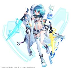 Rule 34 | 1girl, :d, absurdres, armpits, bare shoulders, belt, blue hair, breasts, coat, copyright request, crop top, crop top overhang, drawstring, dual wielding, exposed pocket, fang, full body, gas mask, highleg, highres, holding, hood, lerome, looking at viewer, mask, medium breasts, medium hair, midriff, nail polish, navel, neon lights, off shoulder, official art, open clothes, open coat, open mouth, red eyes, reverse grip, shirt, shoes, short shorts, shorts, sleeveless, sleeveless shirt, smile, solo, stomach, sword, thighhighs, underboob, unzipped, weapon, white coat, white footwear, white shirt, white shorts, white thighhighs