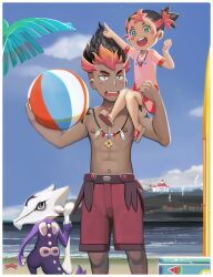 Rule 34 | 1boy, 1girl, :d, abs, alolan form, alolan marowak, blush, bone, brother and sister, clenched hands, commentary request, creatures (company), game freak, gen 7 pokemon, green eyes, heart, highres, jewelry, kiawe (pokemon), knees, mimo (pokemon), multicolored hair, navel, necklace, nintendo, open mouth, pokemon, pokemon (anime), pokemon sm (anime), red shorts, short hair, shorts, siblings, smile, tattoo, teeth, tongue, topless male, tr3ratna, upper teeth only