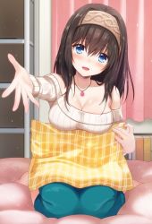 Rule 34 | 10s, 1girl, azuki yui, bare shoulders, black hair, blue dress, blue eyes, breasts, cleavage, collarbone, commentary request, curtains, dress, hair between eyes, hairband, idolmaster, idolmaster cinderella girls, indoors, jewelry, large breasts, long hair, necklace, off shoulder, on bed, outstretched arm, pillow, ribbed sweater, sagisawa fumika, seiza, sitting, solo, sweater