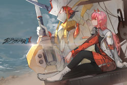 Rule 34 | 10s, 1girl, aqua eyes, blue sky, candy, closz, commentary request, copyright name, darling in the franxx, food, hairband, horns, humanoid robot, jacket, jacket on shoulders, lollipop, long hair, looking at viewer, mecha, orange eyes, outdoors, pantyhose, pink hair, polearm, red shirt, robot, shirt, sitting, sky, solo, straight hair, strelizia, uniform, weapon, white hairband, zero two (darling in the franxx)