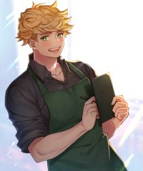 1boy apron black_shirt blonde_hair blush granblue_fantasy green_apron green_eyes holding holding_pen looking_at_viewer male_focus open_mouth pen satoimo_sanda shirt short_hair sleeves_rolled_up smile solo sunlight teeth undercut upper_body upper_teeth_only vane_(granblue_fantasy)