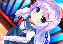 Rule 34 | 1girl, blue eyes, blue sailor collar, blue skirt, blurry, blurry background, blush, center frills, chinomaron, closed mouth, commentary request, depth of field, dutch angle, frills, gochuumon wa usagi desu ka?, hair ornament, hand up, high-waist skirt, kafuu chino, light smile, long hair, looking at viewer, neck ribbon, out of frame, purple hair, railing, red ribbon, ribbon, sailor collar, shirt, signature, skirt, solo focus, standing, suspender skirt, suspenders, very long hair, water, white shirt, x hair ornament
