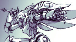 Rule 34 | dunbine, greyscale, highres, holding, insect wings, looking ahead, magaki ryouta, mecha, monochrome, no humans, redrawn, robot, seisenshi dunbine, sheath, sketch, solo, sword, unsheathing, weapon, wings