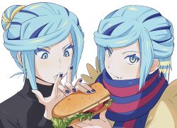 Rule 34 | 1boy, bbhdrrr, black shirt, blue nails, blue scarf, bread, closed mouth, creatures (company), eating, eyelashes, food, food on face, game freak, green eyes, green hair, grusha (pokemon), hands up, highres, holding, holding food, jacket, lettuce, licking, licking finger, looking down, male focus, multiple views, nail polish, nintendo, pokemon, pokemon sv, sandwich, scarf, shirt, striped clothes, striped scarf, tomato, tomato slice, upper body, white background, yellow jacket