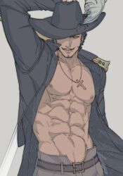 Rule 34 | 1boy, abs, bara, bare pectorals, beard, cross, cross necklace, dracule mihawk, facial hair, fighting stance, full beard, hat over one eye, highres, jewelry, kamii (gloominny), large pectorals, looking at viewer, mature male, muscular, muscular male, mustache, navel, necklace, nipples, one piece, open clothes, pectorals, pencil mustache, ready to draw, short hair, shredded muscles, solo, thick eyebrows, tsurime, v-taper