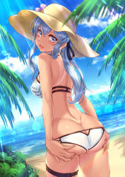 Rule 34 | 1girl, ass, ass grab, ass support, bikini, blue eyes, blue hair, blush, breasts, butt crack, from behind, gotland (kancolle), hair between eyes, hat, highres, kantai collection, long hair, looking at viewer, looking back, mole, mole under eye, open mouth, ryu-akt, smile, solo, sun hat, swimsuit, tan, thighs, white bikini