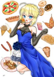 Rule 34 | 1girl, :o, absurdres, ahoge, artoria pendragon (all), artoria pendragon (fate), asymmetrical clothes, bare shoulders, bendy straw, black gloves, blonde hair, blue dress, blue eyes, blue flower, blue rose, blush, bowl, braid, breasts, burger, collarbone, commentary request, condiment, corn dog, crown braid, cup, doughnut, dress, drinking glass, drinking straw, eating, egg (food), elbow gloves, fate (series), flower, food, food request, french fries, gloves, hands up, hardboiled egg, highres, holding, holding food, hot dog, ice, ice cream, ice cream cone, ice cube, kamaboko, ketchup, lace, lace-trimmed dress, lace-trimmed gloves, lace trim, layered dress, limitlimlim, long dress, looking at viewer, medium breasts, mustard, narutomaki, noodles, onion rings, open mouth, pizza, rose, saber (fate), short hair, sidelocks, signature, simple background, sleeveless, sleeveless dress, soft serve, solo, spoon, white background