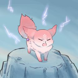 Rule 34 | animal, commentary, earrings, electricity, closed eyes, fox, genshin impact, highres, jewelry, no humans, open mouth, rock, sky, solo, xinzoruo, yae miko, yae miko (fox)
