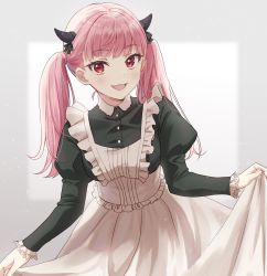 Rule 34 | 1girl, absurdres, blush, breasts, clothes lift, emu (emum), frills, highres, holding, holding clothes, horns, lifting own clothes, looking at viewer, maid, medium breasts, open mouth, original, pink hair, red eyes, simple background, skirt, skirt lift, solo, twintails, white background