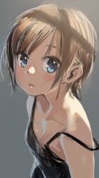 Rule 34 | 1girl, bare shoulders, black camisole, blue eyes, blush, brown hair, camisole, flat chest, grey background, kerorira, looking at viewer, original, parted lips, short hair, simple background, sketch, solo, strap slip, upper body