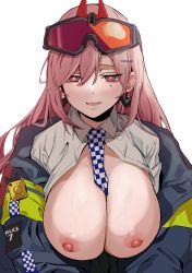 Rule 34 | 1girl, absurdres, banssee, breasts, girls&#039; frontline, highres, jacket, large breasts, nipples, patreon, sig mcx (girls&#039; frontline), smile, solo, white background