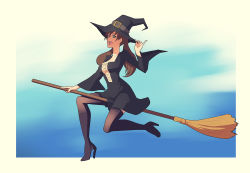 Rule 34 | 00s, alicia melchiott, alternate costume, black thighhighs, boots, breasts, broom, broom riding, brown eyes, brown hair, cleavage, flying, hat, high heel boots, high heels, kuso, kuso otoko, open mouth, pinky out, senjou no valkyria, senjou no valkyria (series), senjou no valkyria 1, solo, thighhighs, twintails, wide sleeves, witch, witch hat