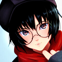 Rule 34 | 1girl, amagami, beret, black hair, black hat, brown eyes, close-up, closed mouth, glasses, hat, highres, lips, looking at viewer, nanasaki ai, oshizu, portrait, red scarf, round eyewear, scarf, short hair, solo