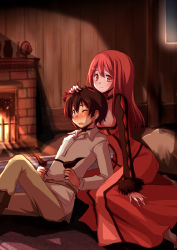 Rule 34 | 10s, 1boy, 1girl, blush, breasts, brown hair, cleavage, couple, demon girl, dress, fire, fireplace, hand on another&#039;s head, large breasts, long hair, maou (maoyuu), maoyuu maou yuusha, quro (black river), red eyes, red hair, short hair, sitting, smile, yuusha (maoyuu)
