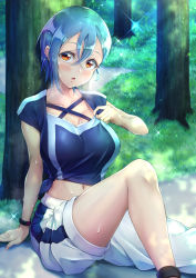 Rule 34 | 1girl, blue hair, blue shirt, blush, breasts, brown eyes, collarbone, hair between eyes, highres, knee up, large breasts, looking at viewer, love live!, love live! superstar!!, navel, novady, on ground, open mouth, outdoors, pants, pants rolled up, revision, shirt, short hair, sitting, solo, sweat, tied shirt, wakana shiki, watch, white pants, wristwatch
