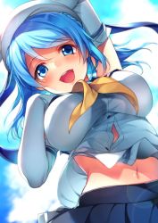 Rule 34 | 10s, :d, blue eyes, blue hair, blue sky, breasts, cloud, cloudy sky, day, double bun, elbow gloves, gloves, hair bun, hat, itou nanami, kantai collection, large breasts, looking at viewer, looking down, navel, neckerchief, open mouth, pleated skirt, sailor hat, school uniform, serafuku, skirt, sky, sleeves rolled up, smile, solo, urakaze (kancolle), white hat, yellow neckerchief