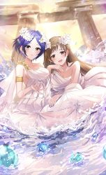 Rule 34 | 2girls, :d, absurdres, ancient greek clothes, armlet, armpit crease, asymmetrical clothes, bare shoulders, beckoning, blurry, blush, commentary request, depth of field, dress, greco-roman clothes, hayami kanade, head rest, head wreath, highres, idolmaster, idolmaster cinderella girls, idolmaster cinderella girls starlight stage, light smile, multiple girls, mumei ponchi, nitta minami, open mouth, pleated dress, smile, spray, sunset, temple, white dress