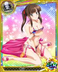 Rule 34 | 10s, 1girl, artist request, bikini, bracelet, breasts, brown eyes, brown hair, card (medium), character name, checkered background, chess piece, covered erect nipples, gradient background, hair ribbon, high school dxd, jewelry, large breasts, murayama (high school dxd), official art, pawn (chess), rainbow background, ribbon, runes, solo, sparkle, swimsuit, torn bikini, torn clothes, torn swimsuit, trading card, twintails