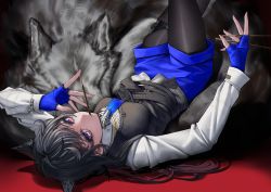 Rule 34 | 1girl, absurdres, animal ears, arknights, black hair, black pantyhose, black vest, blue gloves, blue necktie, blue shorts, breasts, collared shirt, danaid ianad, eating, extra ears, feet out of frame, fingerless gloves, food, from behind, gloves, highres, holding, holding food, long hair, long sleeves, looking at viewer, looking back, medium breasts, necktie, pantyhose, pantyhose under shorts, pocky, purple eyes, shirt, shorts, skindentation, solo, texas (arknights), texas the omertosa (arknights), thigh strap, upside-down, vest, white shirt, wolf, wolf ears