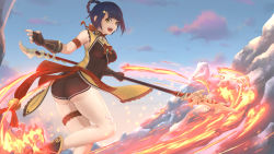 Rule 34 | 1girl, absurdres, alkia, ass, bare shoulders, blue hair, breasts, chinese clothes, fingerless gloves, fire, from behind, genshin impact, gloves, hair ornament, hair rings, hairclip, highres, looking at viewer, open mouth, polearm, short hair, short shorts, shorts, sideboob, smile, solo, spear, weapon, xiangling (genshin impact)