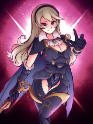 Rule 34 | 1girl, arm at side, armor, armored leotard, black cape, black hairband, black leotard, black thighhighs, breasts, cape, cleavage, clenched hands, corrin (female) (fire emblem), corrin (fire emblem), female focus, fire emblem, fire emblem fates, gauntlets, gradient background, hair between eyes, hair ornament, hairband, half-closed eyes, hand up, holding, holding sword, holding weapon, intelligent systems, legs together, leotard, long hair, looking at viewer, medium breasts, neck, neckerchief, nintendo, official alternate costume, phiphi-au-thon, pointy ears, red eyes, revealing clothes, seductive smile, shoulder armor, sidelocks, smile, smug, standing, sword, thigh gap, thighhighs, thong leotard, torn cape, torn clothes, wavy hair, weapon, white hair, yato (fire emblem)