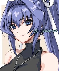 Rule 34 | black shirt, blue eyes, blue hair, brown background, closed mouth, commentary request, dog tags, hair intakes, high ponytail, jaggy lines, long hair, looking at viewer, military, military uniform, mitsurugi meiya, muv-luv, muv-luv alternative, outside border, portrait, romaji commentary, sakurai (skri 3527), shirt, simple background, sleeveless, sleeveless turtleneck, smile, turtleneck, twitter username, uniform, watermark