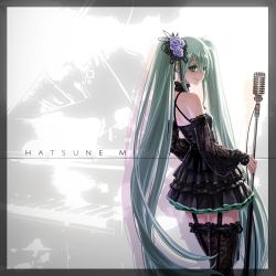Rule 34 | 1girl, aqua eyes, aqua hair, bare shoulders, black dress, black thighhighs, blue flower, blue rose, border, character name, choker, closed mouth, detached sleeves, dress, flower, frilled choker, frilled thighhighs, frills, from behind, garter straps, grand piano, grey border, hair flower, hair ornament, hatsune miku, highres, holding, holding microphone, ikeda (hayato), instrument, layered dress, long hair, looking at viewer, looking back, microphone, partially colored, piano, pleated skirt, rose, shadow, skirt, smile, solo, standing, thighhighs, twintails, very long hair, vocaloid, zettai ryouiki