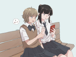 Rule 34 | 2girls, absurdres, artist name, black neckwear, black skirt, blue background, bow, bowtie, brown eyes, brown hair, brown sweater vest, collared shirt, commentary request, earbuds, earphones, eighth note, highres, holding, holding phone, kotori gaku, light brown hair, long hair, looking at phone, multiple girls, musical note, necktie, on bench, open mouth, original, phone, pleated skirt, ponytail, school uniform, shared earphones, shirt, short hair, short sleeves, simple background, sitting, sixteenth note, skirt, smile, spoken musical note, sweater vest, white shirt