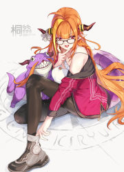 Rule 34 | 2girls, absurdres, adjusting clothes, adjusting footwear, adjusting shoe, ahoge, black-framed eyewear, black footwear, black legwear, blonde hair, blunt bangs, bow, braid, breasts, camisole, cleavage, cleavage cutout, clothing cutout, commentary, diagonal-striped bow, dragon, dragon girl, dragon horns, dragon tail, dual persona, english commentary, eyes visible through hair, fang, finger to face, from above, full body, glasses, highres, hololive, horn bow, horn ornament, horns, jacket, jewelry, kiryu coco, kiryu coco (dragon), knee up, large breasts, long hair, long sleeves, looking at viewer, multicolored hair, multiple girls, off shoulder, official alternate costume, ohland, open clothes, open jacket, open mouth, orange hair, pendant, pointy ears, red eyes, red jacket, sidelocks, simple background, single braid, sitting, skin fang, smile, spaghetti strap, striped, striped bow, tail, teeth, thighhighs, track jacket, very long hair, virtual youtuber, white background, white camisole, zipper, zipper pull tab
