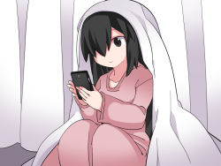 Rule 34 | 1girl, black eyes, black hair, blanket, cellphone, commentary request, hair over one eye, hammer (sunset beach), original, pajamas, phone, sitting, smartphone, solo, under covers