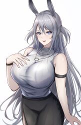 Rule 34 | 1girl, :d, arknights, arm strap, bare arms, bare shoulders, black skirt, blue eyes, breasts, commentary request, cowboy shot, grey hair, hand up, highres, huge breasts, long hair, open mouth, poni (poni arknights), savage (arknights), simple background, skirt, smile, solo, standing, very long hair, white background