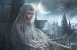 Rule 34 | 1girl, absurdres, backlighting, bad id, bad pixiv id, balcony, bare shoulders, blurry, bridal veil, building, castle, company captain yorshka, crescent, crescent hair ornament, dark souls (series), dark souls iii, depth of field, dress, facial mark, grey eyes, hair ornament, highres, jlien-, library, long hair, moon, moonlight, mountain, night, night sky, outdoors, pointy ears, railing, scenery, see-through, short sleeves, sky, solo, standing, tiara, upper body, veil, voile, white dress