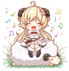 Rule 34 | 1girl, :d, ^ ^, ahoge, animal ears, beamed eighth notes, beamed sixteenth notes, black footwear, blonde hair, blush, boots, breasts, chibi, closed eyes, closed mouth, detached sleeves, dress, eighth note, full body, fur trim, grass, hair ornament, hairclip, highres, hololive, horns, knees together feet apart, large breasts, long hair, long sleeves, lying, mihanada kanata, musical note, on stomach, open mouth, outline, pink outline, sheep, sheep ears, sheep horns, sitting, smile, tsunomaki watame, tsunomaki watame (1st costume), very long hair, virtual youtuber, white background, white dress