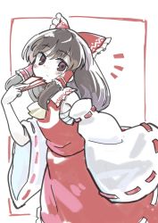 Rule 34 | 1girl, ascot, blush, bow, brown eyes, brown hair, commentary, detached sleeves, frilled bow, frilled hair tubes, frilled shirt collar, frills, hair bow, hair tubes, hakurei reimu, hand up, highres, holding, kibisake, looking at viewer, medium hair, notice lines, red bow, red skirt, red vest, ribbon-trimmed sleeves, ribbon trim, sarashi, simple background, skirt, sleeves past fingers, sleeves past wrists, solo, talisman, touhou, vest, white sleeves, wide sleeves, yellow ascot
