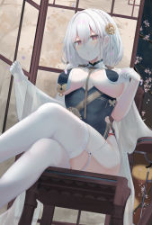 Rule 34 | 1girl, azur lane, blush, braid, breast curtain lift, breast curtains, breasts, cape, commentary request, crossed legs, artistic error, flower, hair between eyes, hair flower, hair ornament, highres, large breasts, looking at viewer, on chair, parted lips, petals, red eyes, revealing clothes, revision, rose, ru zhai, see-through, short hair, silver hair, sirius (azur lane), sirius (azure horizons) (azur lane), sitting, solo, table, thighhighs, underboob, white cape, white thighhighs, wooden chair, yellow flower, yellow rose
