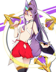 Rule 34 | 1girl, arc system works, artist request, ass, bare shoulders, blazblue, blazblue: central fiction, blush, breasts, detached sleeves, from behind, gluteal fold, hades izanami, headgear, highres, long hair, long sleeves, looking at viewer, mikado (blazblue), ponytail, purple hair, red eyes, red skirt, skirt, smile, solo, thighhighs, very long hair